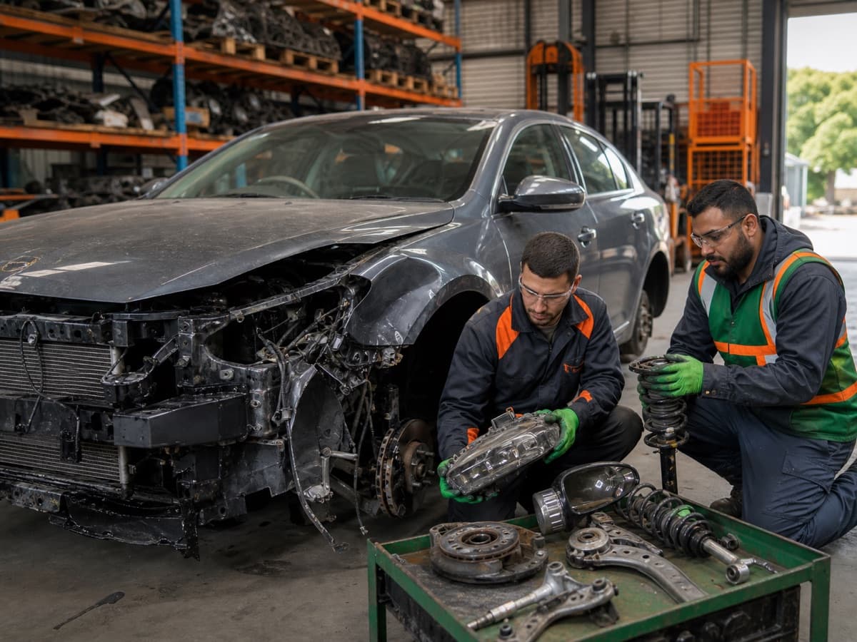 Technicians safely dismantling a damaged vehicle